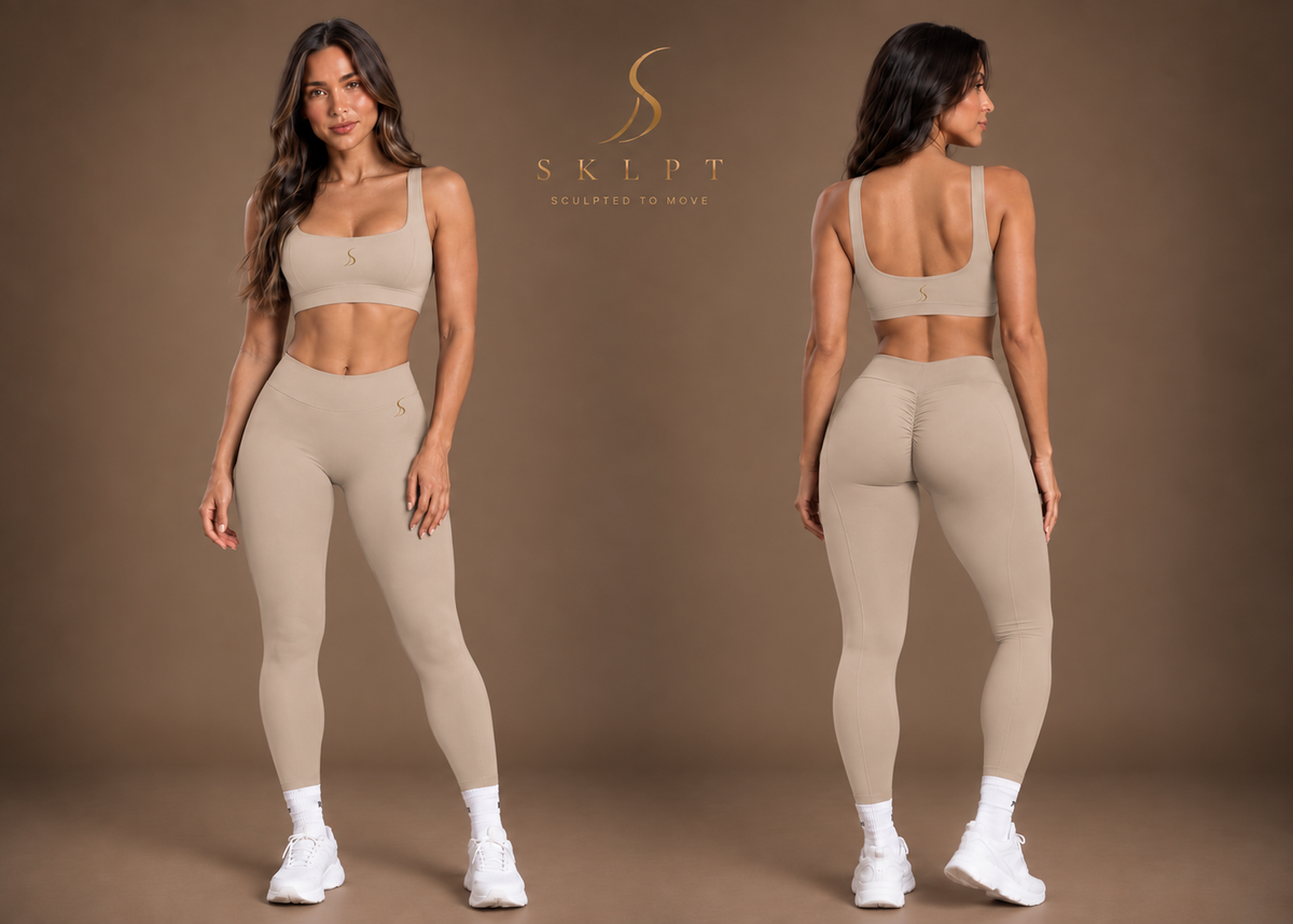 SKLPT Sculpt Športové Legíny v béžovej farbe, tvarujúce legíny so scrunch detailom
