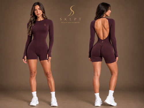 SKLPT Open Back Overal v čokoládovej farbe, dámsky športový overal s otvoreným chrbtom