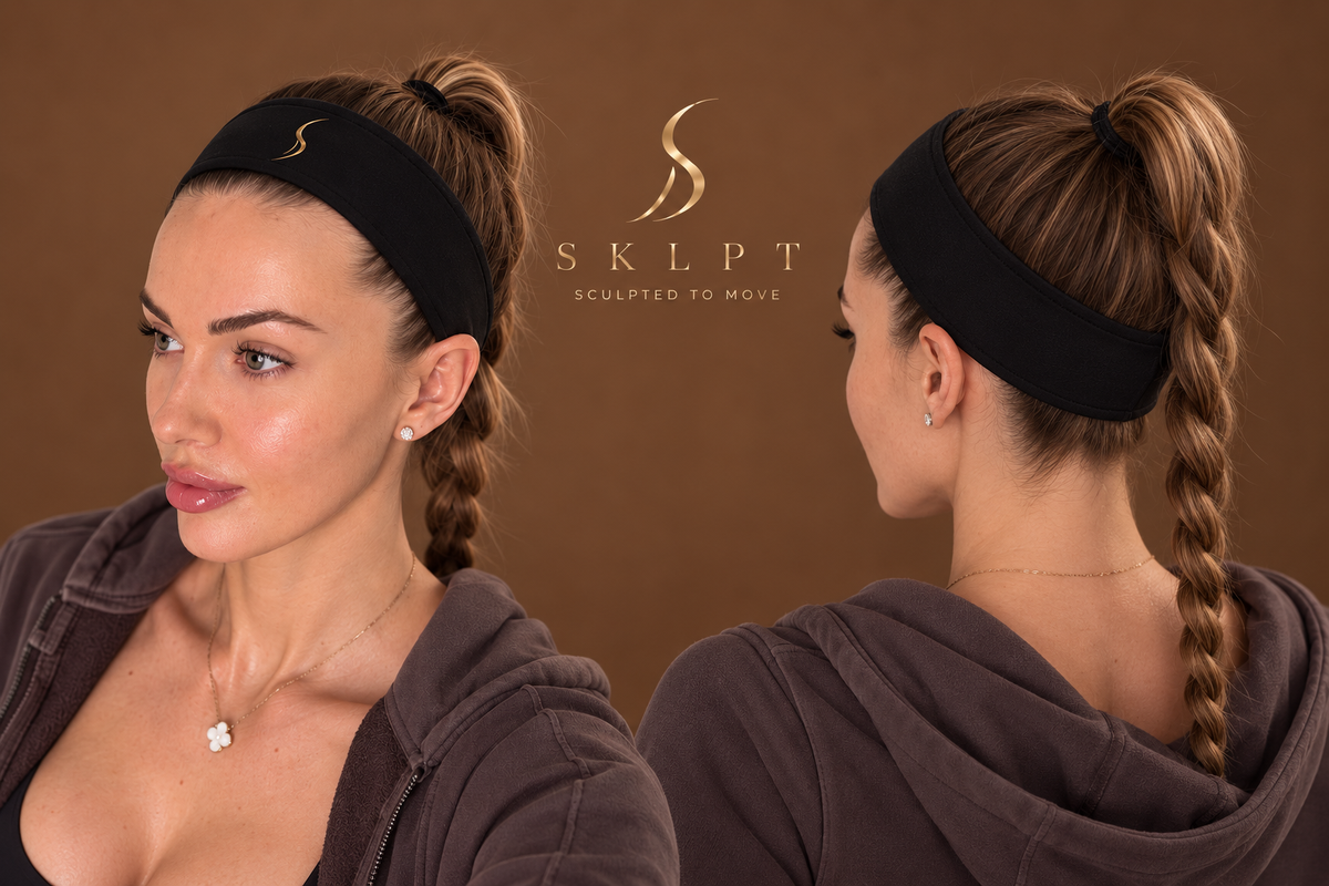 Čierna čelenka SKLPT so zlatým logom S vpredu, na modelke z predného a zadného pohľadu na hnedom pozadí.