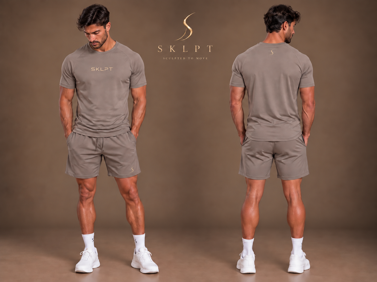 SKLPT Pánske Športové Tričko v taupe farbe s champagne-gold logom, fitted strih