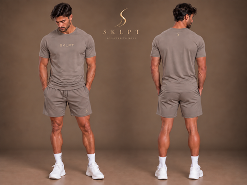 SKLPT Pánske Športové Tričko v taupe farbe s champagne-gold logom, fitted strih