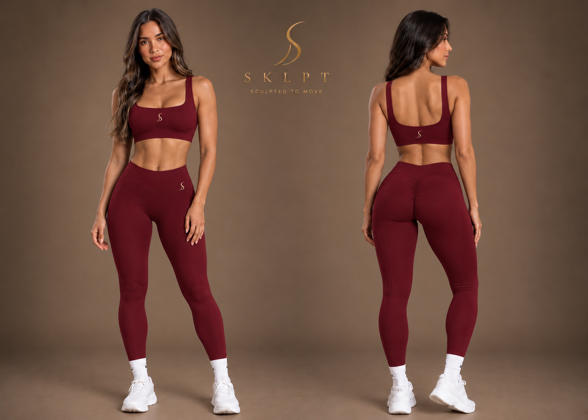SKLPT Sculpt Športové Legíny v červenej farbe, tvarujúce legíny so scrunch detailom